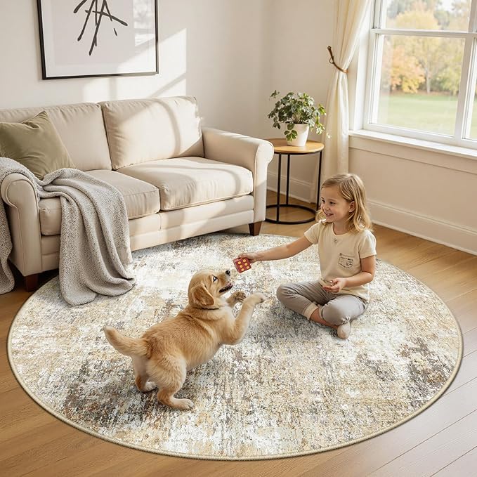 RELEANY Washable Area Rugs 6ft Non-Slip Modern Abstract Soft for Living Room Entryway Bedroom Nursery, Print Pattern, Neutral Brown Gray