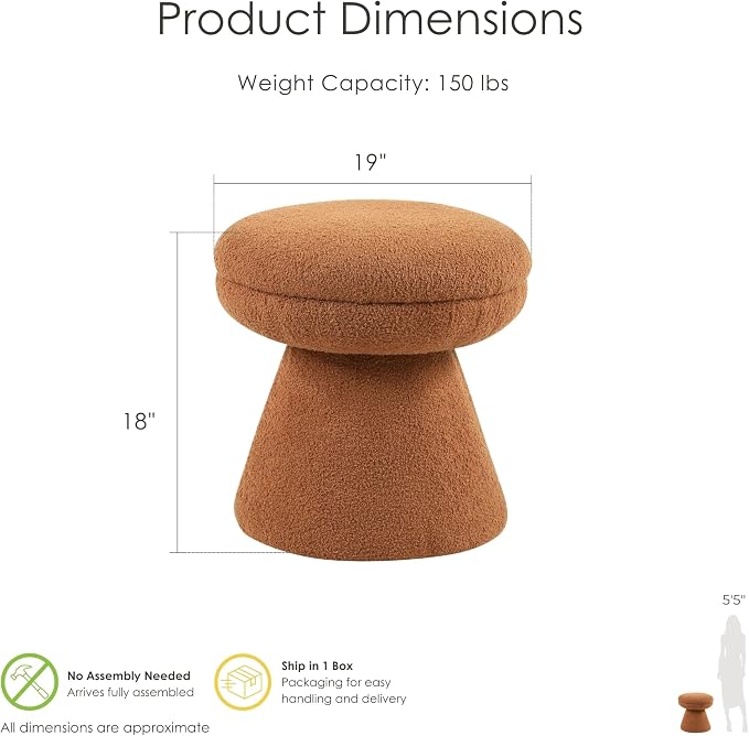 Furniture of America Rami Modern 18-inch Mushroom-Shape Upholstered Ottoman with Tapered Pedestal, Vanity Stool Chair, Small Foot Stool for Bedroom, Living Room, Entryway, Saddle Brown