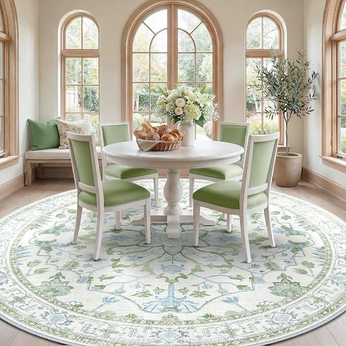 RELEANY Area Rugs Round 8ft Washable Non-Slip, Floral Vintage Distress Print Pattern Medallion Carpet for Living Room Bedroom Dining Room, Green White Blue