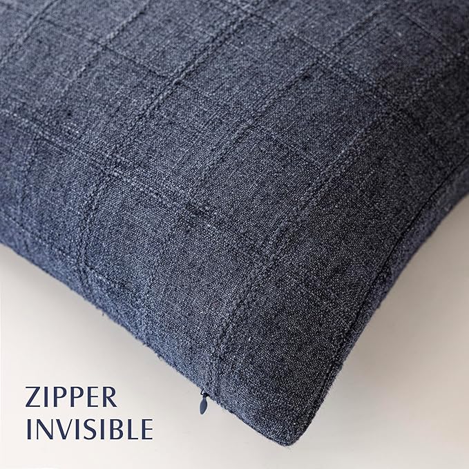 Foindtower Set of 2 Decorative Linen Check Throw Pillow Covers Neutral Farmhouse Lumbar Cushion Covers Modern Boho Home Decor for Sofa Chair Couch Bedroom Living Room,12×20 Inch,Navy Blue