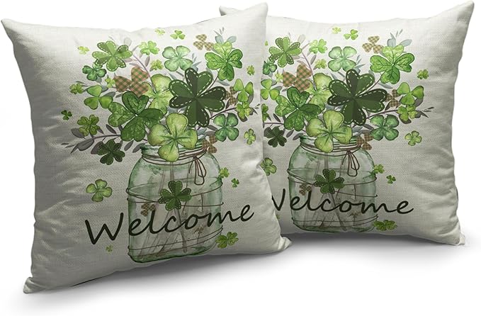 St Patricks Day Pillow Covers 18x18 Set of 2 Shamrock Pillow Case Clover Vase Decorative Pillow Covers Spring Cotton Linen Cushion Case for Living Room Outdoor Bedroom