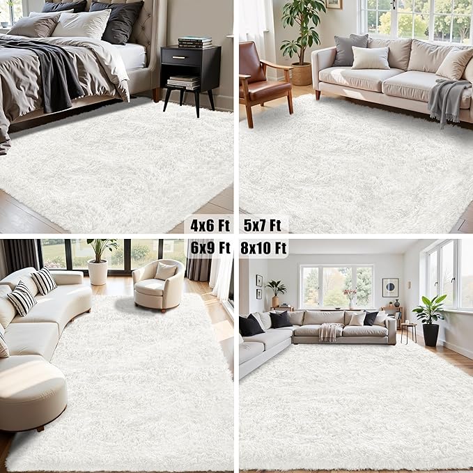 6x9 Area Rug for Living Room:Ultra Soft Fluffy Shag White Rugs,Large Fuzzy Plush Indoor Non Slip Carpet Washable Rug for Bedroom Kids Nursery Office Dorm Modern Decor(White 6'x9')