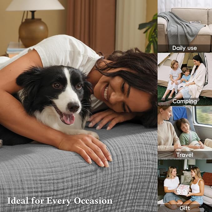 David's Home 100% Natural Cotton Muslin Blanket King Size, 4-Layer Soft Breathable Lightweight Cozy Throw Guaze for Hot Sleepers, 3D Bubble Room Decor for Bed Couch, Giftable, Dark Grey, 108"x90"