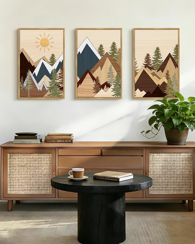 PHOPAGO Mountains Framed Wall Art Large 16x24in Morden Boho Woodcut Pine Tree Forest Nature Landscape Artwork Bohemain Farmhouse Living Room Rustic Home Decor - Natural Framed