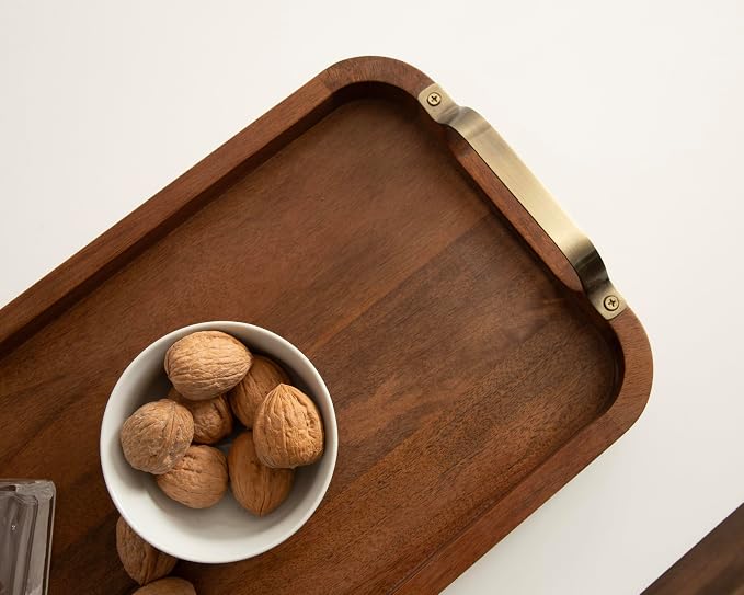 Kate and Laurel Farson Modern Decorative Wood Rectangle Tray with Handles; 10 x 24; Walnut Brown and Antique Brass; Transitional Rectangular Tray for Use as Entryway Tray Decor or Ottoman Serving Tray