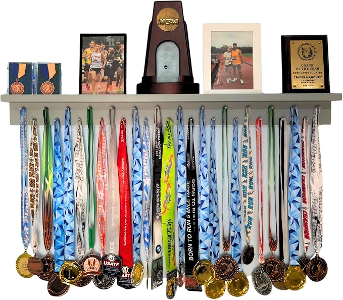 MedalAwardsRack 3ft- Ultimate Medal Hanger Display and Trophy Shelf - Multi-Sport Trophy and Medal Holder for Medal Display, Plaques, Pictures, Trophies and more. Solid Wood - Large 36" - Grey