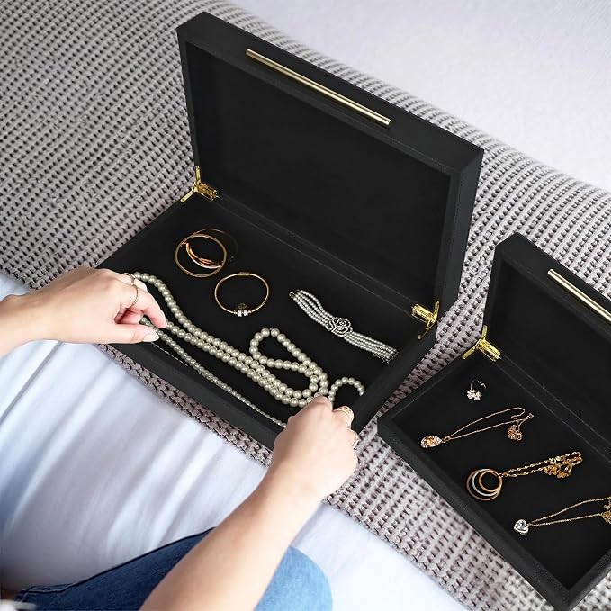 HofferRuffer Faux Leather Decorative Boxes Set of 2, Large Nesting Keepsake Box Accessory Organizer Jewelry Organizer with Hinged Lid, Stacking Storage Box Container for Home or Office (Black)
