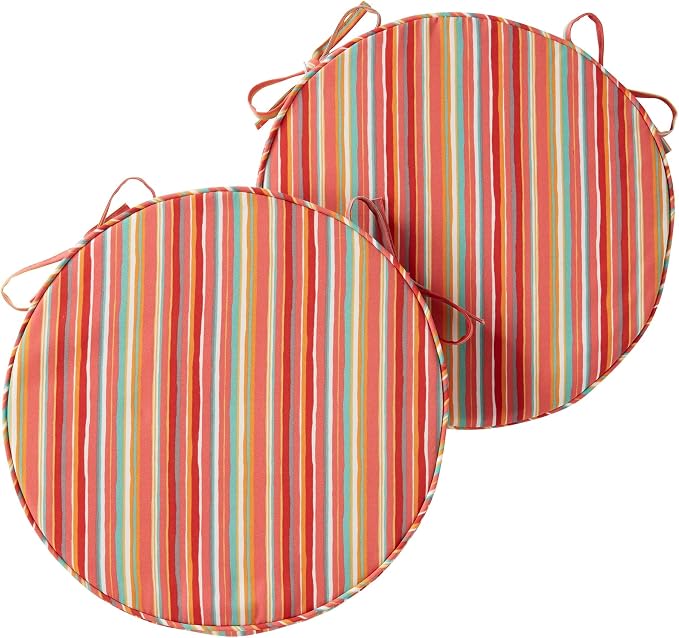 Set of 2 Outdoor 18 inch Round Patio Dining Chair Pads – Comfortable Fiber-Filled Seat Cushions with Ties, Reversible Polyester Fabric, Watermelon Stripe