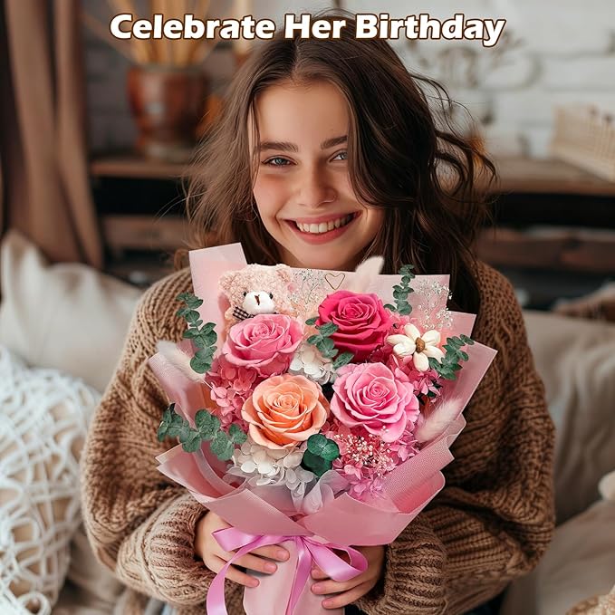 Preserved Flowers Bouquet with Bear&Photo Clip,Last 1-3 Years,4 Real Roses,Flowers for Delivery Prime,Valentine,Mother's day,Anniversary,Birthday Gifts for Grandma Mom Wife Daughter Women Her,Pink