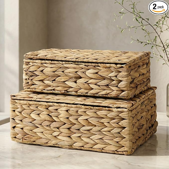 Decorative Storage Boxes with Lids - Set of 2 Beautiful Wicker Organizer Bins for Your Shelves & Home Decor - Safely Store Your Photos, Documents, and Memory Box Keepsakes in a Stylish Rattan Design