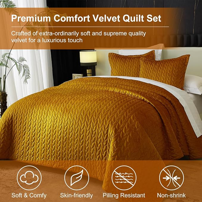Ivellow Velvet Quilt Queen Size Ultra Soft Lightweight Velvet Comforter Set Oversized Bedspread Coverlet Full for All Season 3Pcs Luxury Quilted Bedding