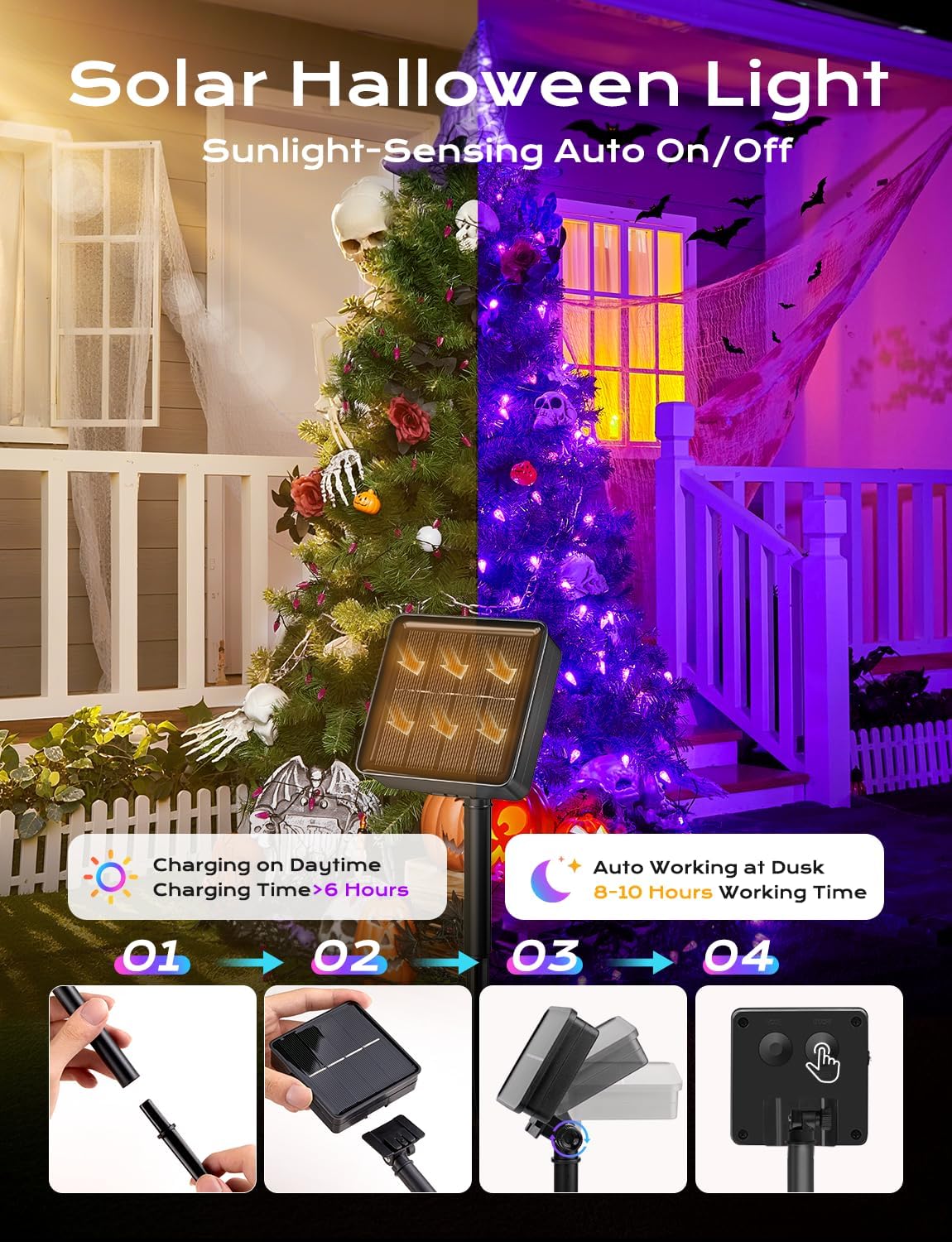 Brightown Solar Operated C6 Halloween Outdoor Lights, 22.64ft 50 LEDs Purple Halloween Lights, Strawberry LED Fairy Lights, Solar Waterproof String Light for Tree, Garden Decor Outdoor Decorations