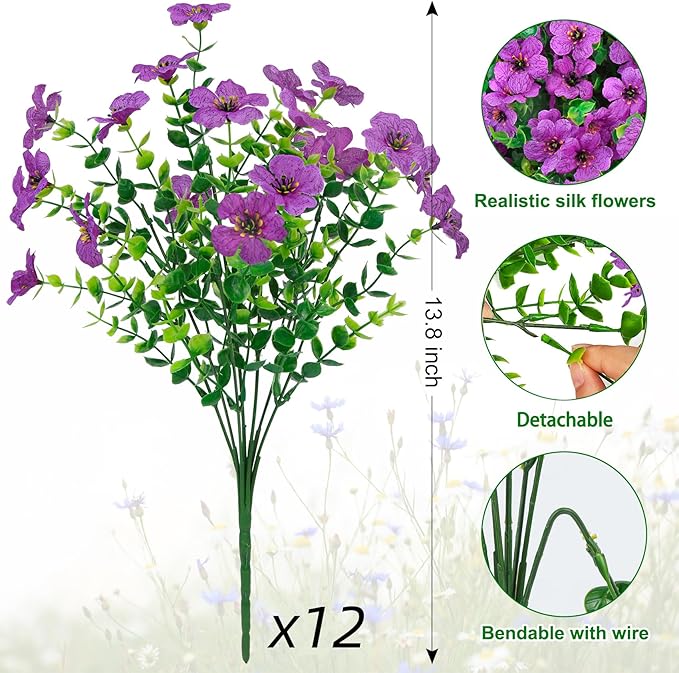 Ouddy Decor 12 Bundles Artificial Flowers for Outdoors Fake Silk Flowers UV Resistant Faux Plastic Plants for Spring Summer Garden Porch Window Box Table Vase Home Indoor Outdoor Decoration, Purple