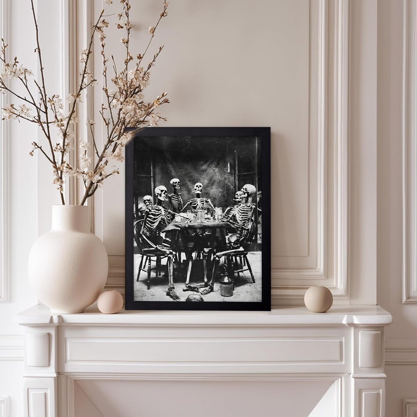 Poster Master Vintage Photograph Poster - Retro Daguerreotype Print - Gift for Artist, Friend - Skeletons Smoking at Table, Dinner Party, Goth - Wall Decor for Home, Dorm, 11x14 Black Framed