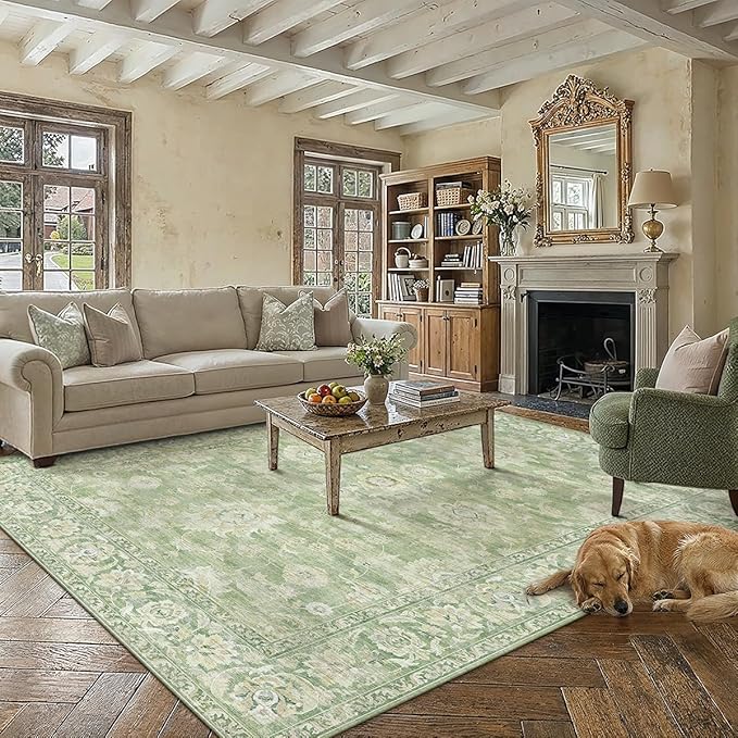 8x10 Green Washable Area Rug for Living Room Bedroom Neutral Floral Soft Non Slip Rug Low Pile Distressed Carpet for Dining Room Nursery Office Indoor