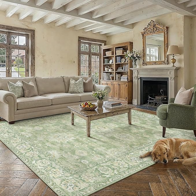 9x12 Green Area Rug for Living Room Bedroom Neutral Floral Soft Non Slip Rug Low Pile Distressed Large Carpet for Dining Room Nursery Office Indoor