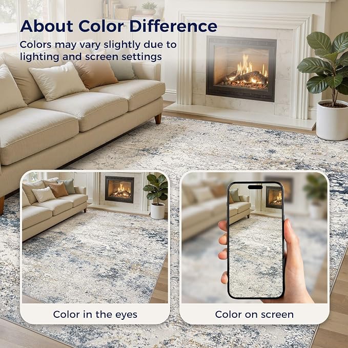 DMOYEST Area Rug Living Room Rugs - 6x9 Abstract Large Soft Indoor Washable Rug Neutral Modern Low Pile Carpet for Bedroom Dining Room Farmhouse Home Office - Beige Blue