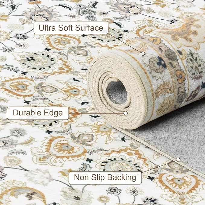 Round Area Rug for Living Room: 6ft Washable Vintage Boho Soft Thin Circle Rug Indoor Floor No Slip Stain Resistant Carpet for Bedroom Dining Room Farmhouse Nursery Home Office - Beige