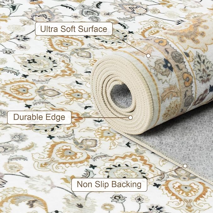 Round Area Rug for Living Room: 4 ft Washable Vintage Boho Soft Thin Circle Rug Indoor Floor No Slip Stain Resistant Carpet for Bedroom Dining Room Farmhouse Nursery Home Office - Beige