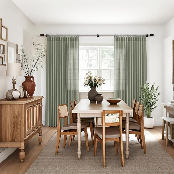 Jowels Sage Green Linen Curtains 72 Inch Long 2 Panels for Living Room | Light Filtering Semi Sheer Curtain, Back Tab Pocket Pleated Look, Boho Farmhouse Textured Privacy Drapes for Bedroom Window