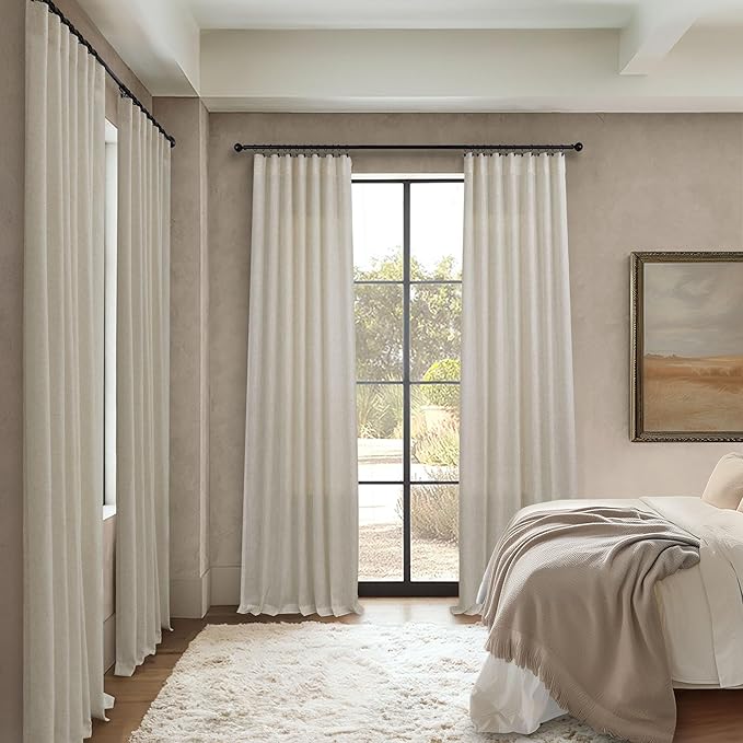 Flax Linen Curtains 96 Inches Long for Bedroom 2 Panels Back Tab Pocket Primitive Burlap Farmhouse Drape Sack Tweed Canvas Cloth Look Semi Sheer Tan Beige Curtains for Living Room Neutral Earth Tone