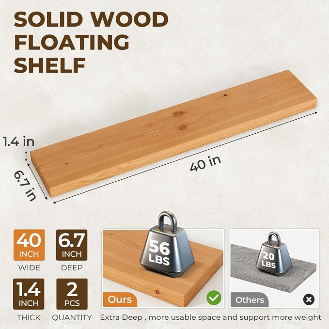 40 inch Floating Shelves for Wall, High End Solid Real Wood Floating Shelf with Heavy Duty Invisible Bracket 40in Long Wooden Wall Shelves for Living Room, Bedroom, Kitchen, Bathroom, Set of 2,Natural