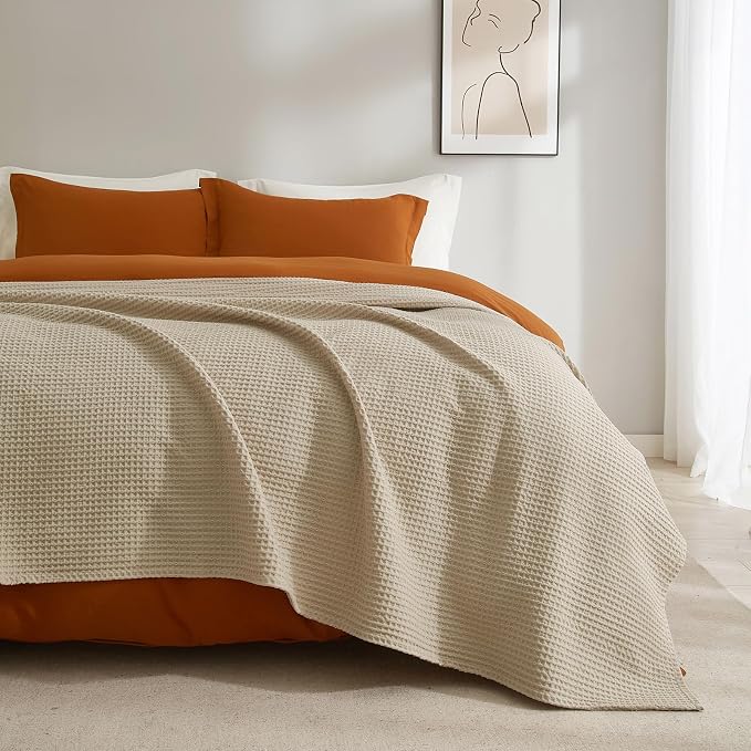 PHF Pre-Washed 100% Cotton Waffle Weave Blanket Queen Size for Bed,Snag Proof Throw Blanket for Couch Spring Summer Lightweight Breathable,Machine Washable, Home Decor Gift - Khaki/Simply Taupe
