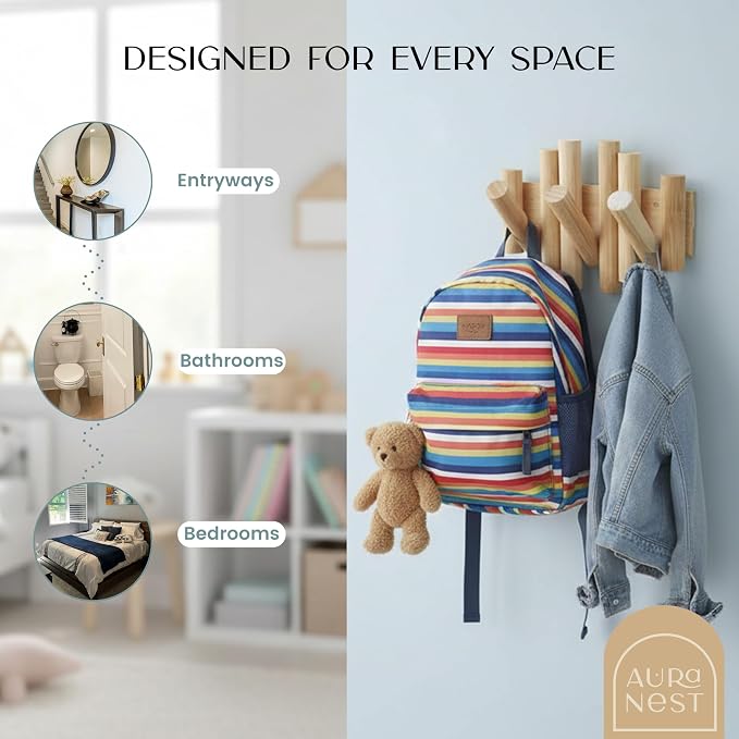 Bamboo Piano Coat Rack Wall Mount Pivoting Retractable Wooden Hooks for Entryway Hallway Mudroom Bedroom | Natural Wood Wall Hanger, 3 Hooks, Space Saving Organizer
