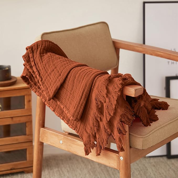 FALUCA Cotton Muslin Throw Blanket 50x60 Inches for Bed, Couch, Knit Woven Gauze Blanket, Soft Lightweight Cozy Breathable Farmhouse Decoration for All-Season, Caramel