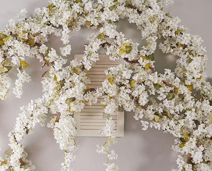 PONKING Flower Garland, Artificial Hydrangea Vine Flowers, Hanging Fake Hydrangeas Vine for Room Anniversary Wedding Birthday Christmas Wall Arch Decor, 2 Pcs, Floral Garland, White Flower