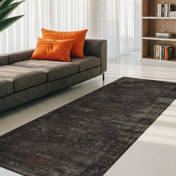 Black 2'6" x 10' Extra Long Hallway Runner Rug, Washable Non Slip Kitchen Runner, Dark Charcoal Low Pile Stain Resistant Rug for Entryway, Bathroom & Laundry Room