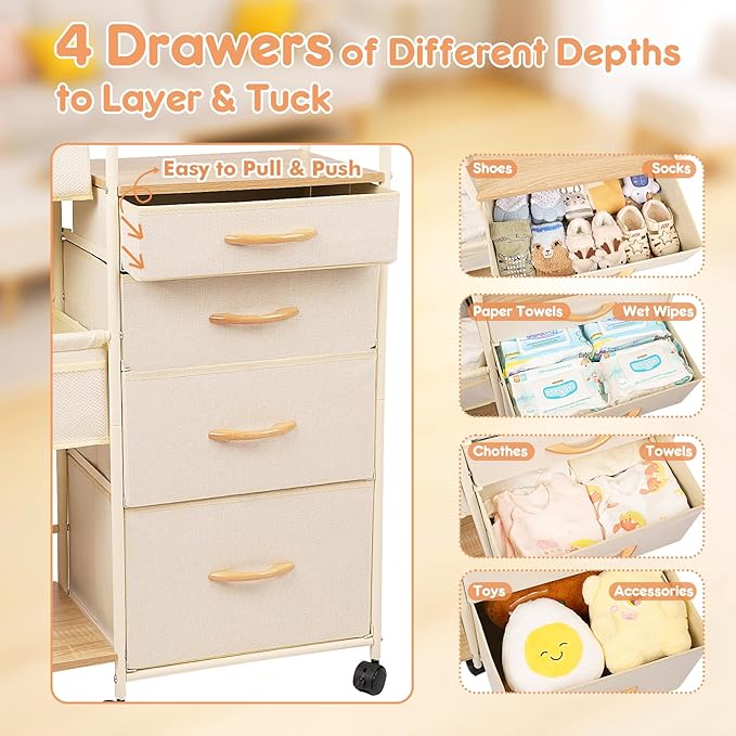 Fabuday Baby Diaper Caddy Organizer Cart - 4 Tier Rolling Diaper Cart with Wheels, Baby Essentials Organizers and Storage, Mobile Utility Carts for Bedside, Crib Nursury, Bedroom, Changing Table