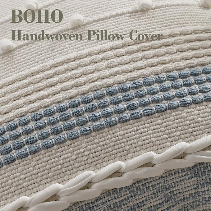 DEZENE Boho Pillow Cover 18x18 Coastal Blue - Handmade Woven Textured Throw Pillow Case with Cordings & Tassels, Decorative Accent for Couch Sofa Bed Farmhouse Living Room Bedroom Home Decor