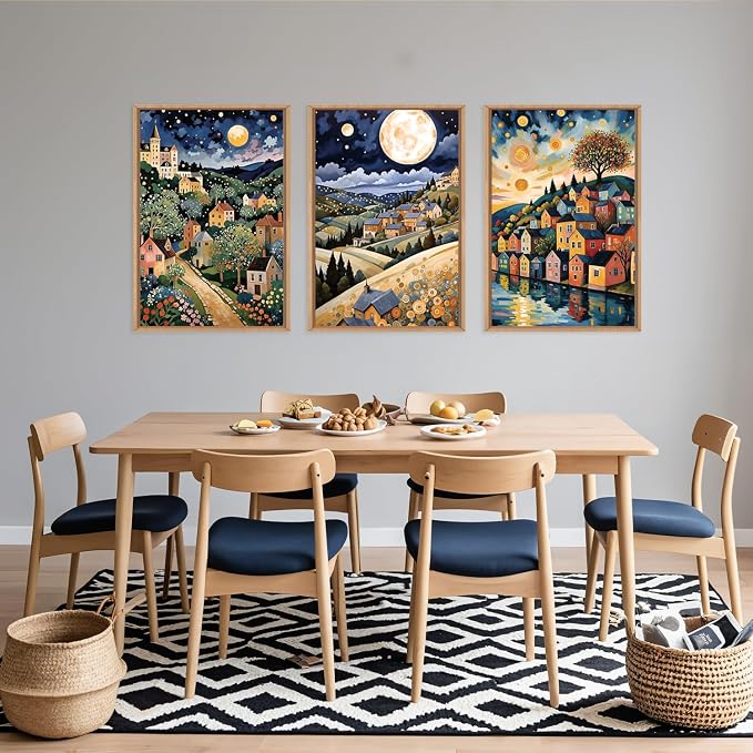 LHIUEM Large Abstract Colorful Framed Canvas Wall Art,Retro Night Village Wall Decor,Natural Moon Stars Wall Painting,Gustav Klimt Scenery Artwork for Living Room,Bedroom,Dining Room,Office -16"x24"x3