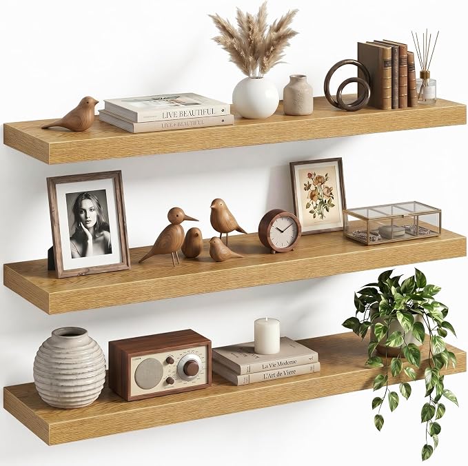 32" Floating Shelves for Wall, Set of 3, 8" Deep, 1.5" Thick, Oak Finish | Rustic Wood Wall Shelves with Invisible Brackets, Storage and Display for Bathroom, Bedroom, Living Room or Kitchen