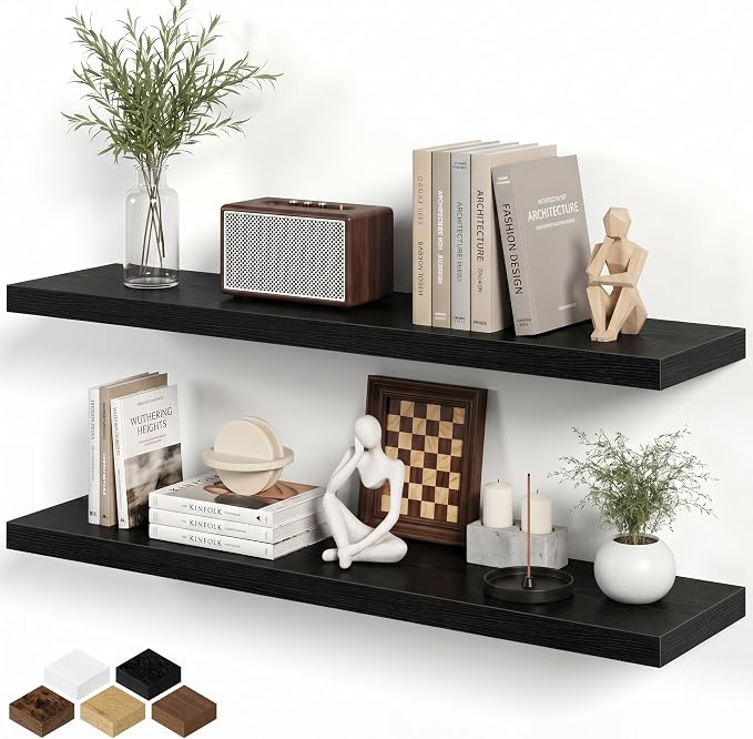 Fun Memories 40" Floating Shelves for Wall, 8 Inch Deep Floating Shelf for Books, Deep Bathroom Shelves Wall Mounted, Rustic Display Shelf for Kitchen, Bedroom, Living Room, Black Color, 2 Pack