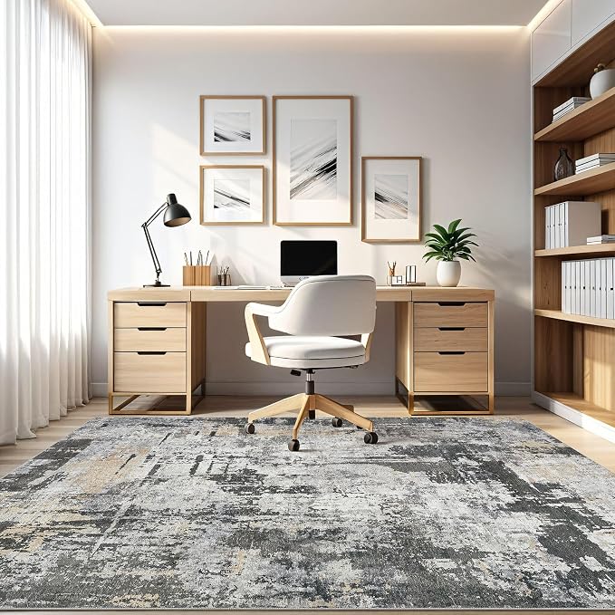 7x9 Area Rug Living Room: Washable Large Abstract Modern Soft Rug Stain Resistant Indoor Floor Non Slip Accent Carpet for Bedroom Nursery Playroom Dining Room Office Dorm Home House- Black Gold