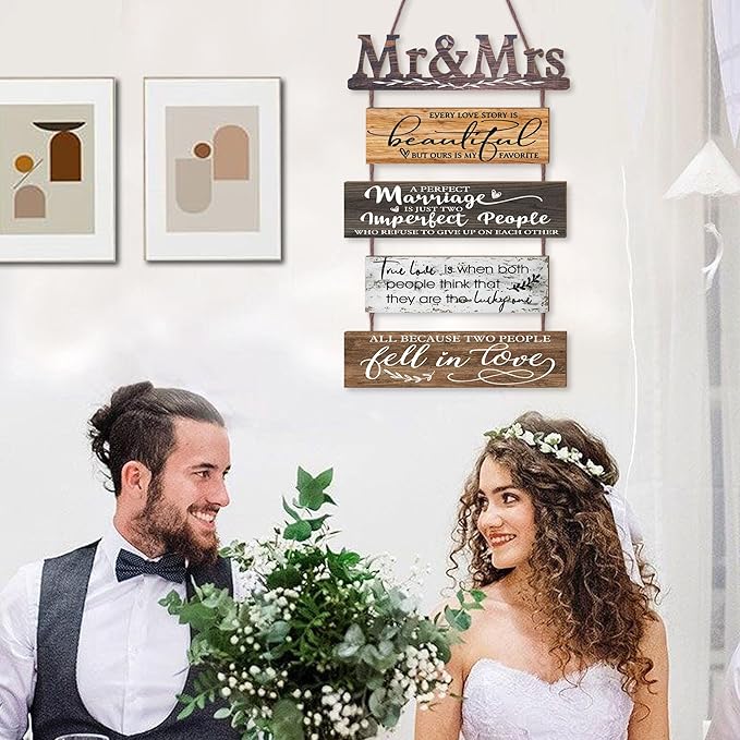 Mr & Mrs Rustic Wall Collage Sign with 5pcs Panels Strung Together - Marriage Wedding Engaged Anniversary Shower Farmhouse Distressed Wall Decor - Sweet Warming Gifts for Wife Husband Couples