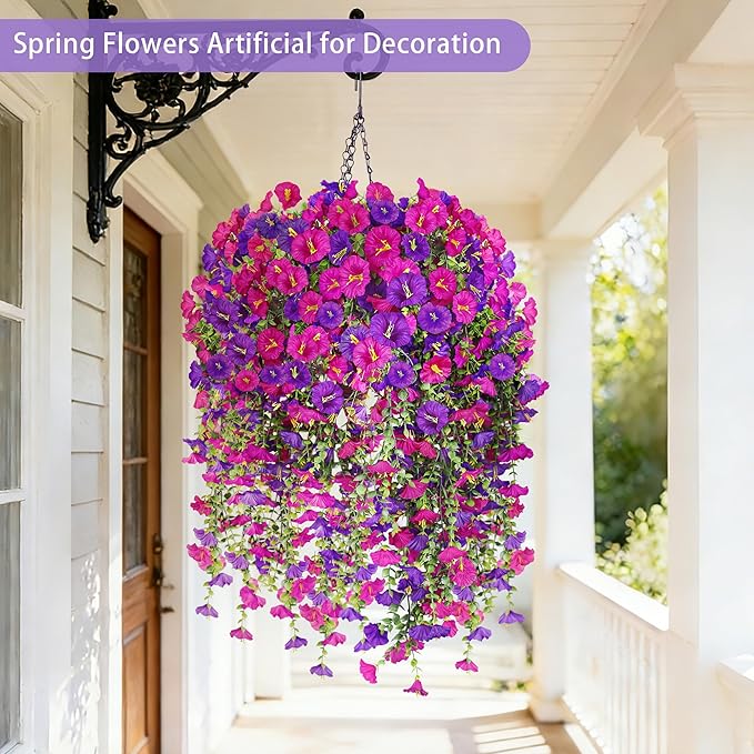 Artificial Hanging Flowers with Basket, 480 Blooms UV Resistant Faux Morning Glory Silk Plants, Fast & Easy Assembly Fake Hanging Baskets for Outdoor Porch Patio Garden Decor, Fuchsia&LightPurple