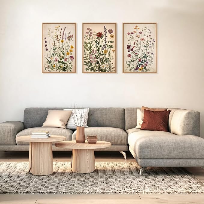 Vintage Wildflower Watercolor Framed Canvas Wall Art Set, Retro Flower Botanical Wall Decor, Colorful Floral Wall Painting, Flower Illustration Art Prints for Living Room, Bedroom 16"x24"x3