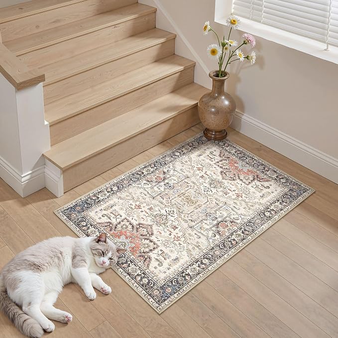 2x3 Washable Entryway Rug: Non-Slip Soft Small Indoor Area Rug for Bedroom Kitchen, Low Pile Stain-Resistant Durable Vintage Floral Carpet for Porch Laundry Kids Room Home Decor (Multi)