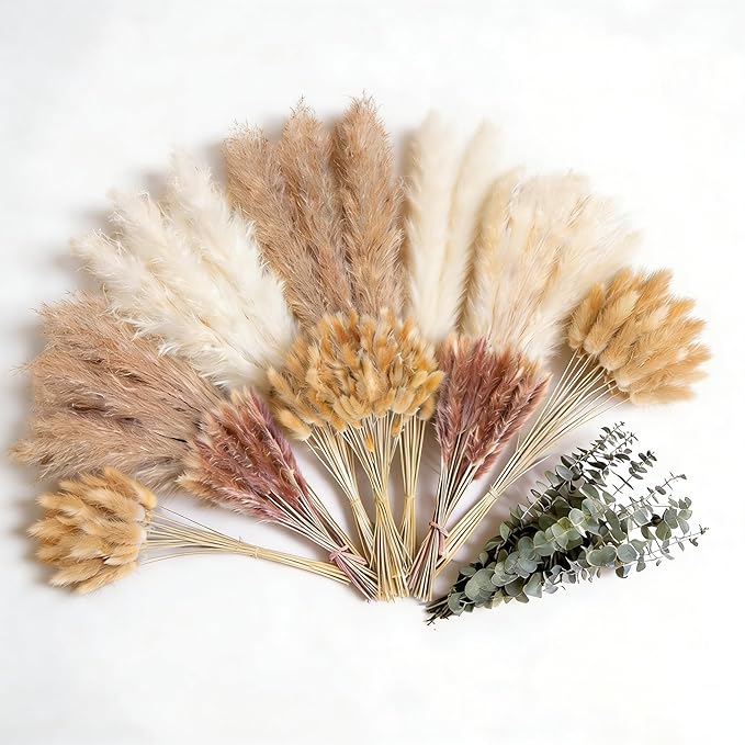 125Pcs Natural Dried Pampas Grass Decor 7 Types Dried Flowers for Vase Boho Pampas Bouquet, Farmhouse Decor Wedding Valentine Day Centerpiece for Table and Home Decoration 17''