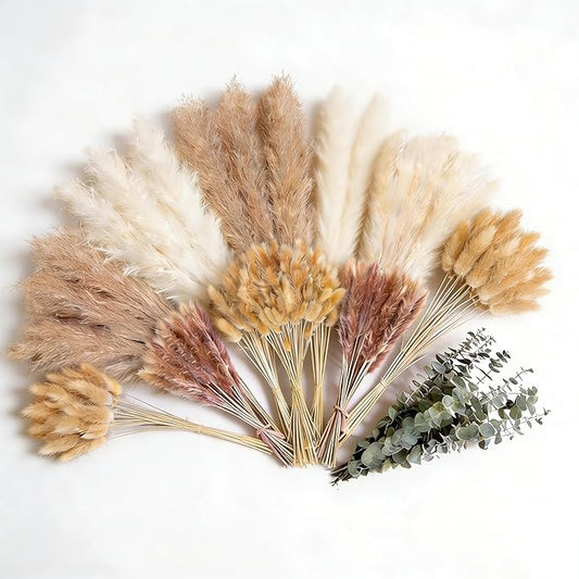 125Pcs Natural Dried Pampas Grass Decor 7 Types Dried Flowers for Vase Boho Pampas Bouquet, Farmhouse Decor Wedding Valentine Day Centerpiece for Table and Home Decoration 17''