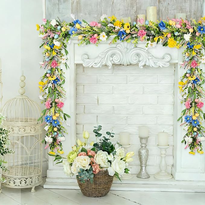6ft Easter Garland - Spring Garland with Egg and Mixed Berry,Hanging Rustic Pastel Wreaths DIY Artificial Decorations Garland for Home Table Indoor Outdoor Easter Mantel Decorations