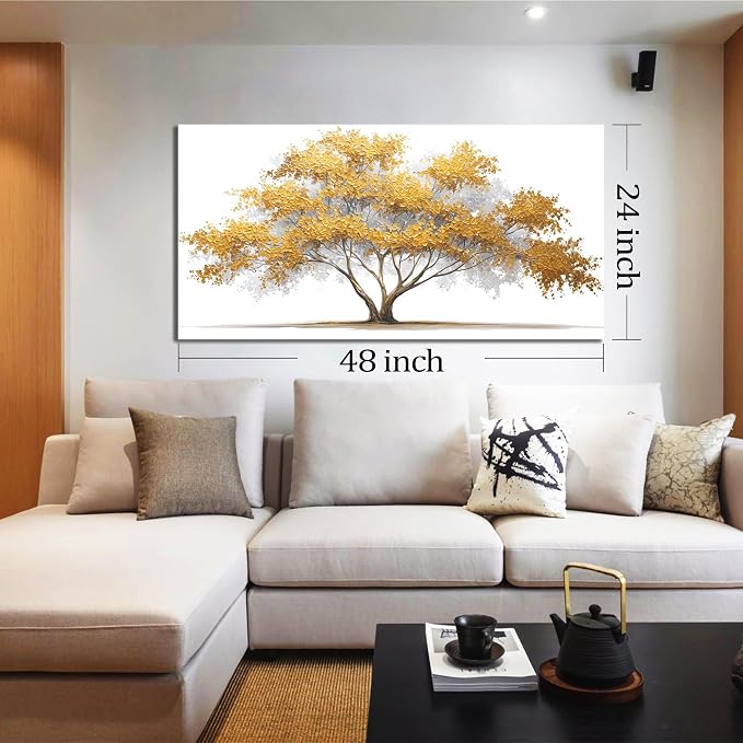 AOZEMI Yellow Wall Art for Living Room Tree Pictures Wall Decor White Canvas Artwork Art Bedroom Bathroom Office Large Modern 24"x 48"