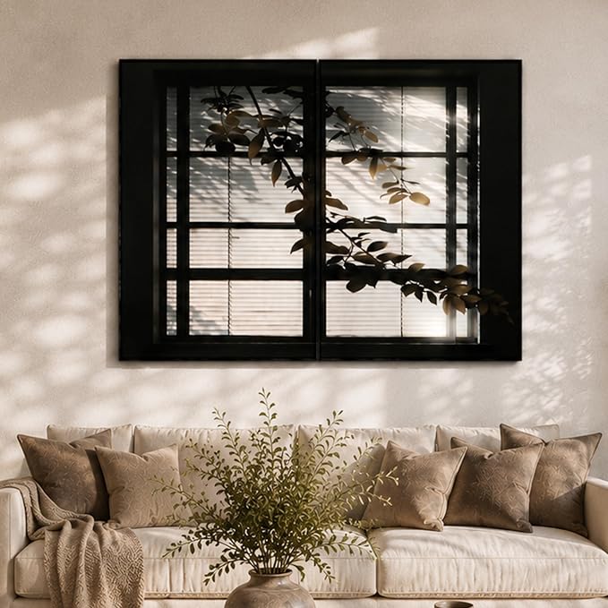CCPEAR Large Framed Neutral Abstract Wall Art for Living Room, Set of 2 Botanical Window Shadow Wall Art, Black and White Leaf Silhouette Canvas Print, Minimalist Modern Wall Decor for Living Room Bedroom, 32x48 Inch