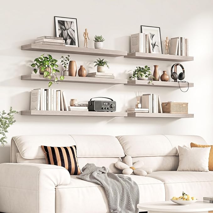 Fun Memories 48Inch Floating Shelves for Wall, 8 Inch Deep Shelves for Bathroom|Bedroom|Kitchen, Large Wall Mounted Wood Hanging Shelf with Invisible Brackets for Home Storage Decor, Grey - 2 Pack