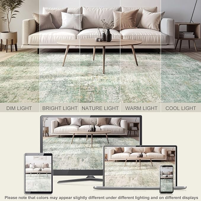 DMOYEST Area Rug Living Room Rugs - 8x10 Washable Large Soft Indoor Neutral Modern Abstract Low Pile Rug Carpet for Bedroom Dining Room Farmhouse Home Office - Green Grey