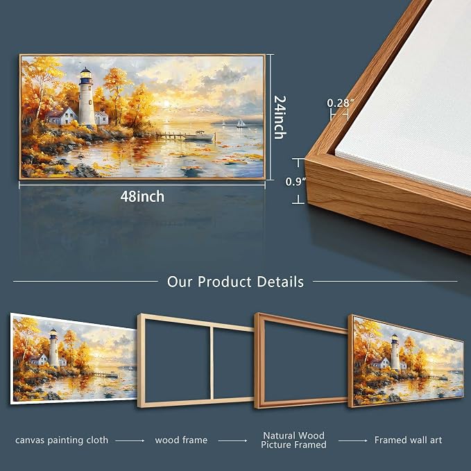 XIGUANGART Coastal Wall Art,Beach Pictures Wall Art,Lighthouse Landscape Canvas Painting,Sailboat Ocean Wall Decor, Nautical Large Framed Artwork for Living Room Bedroom Office Home Decoration 24X48