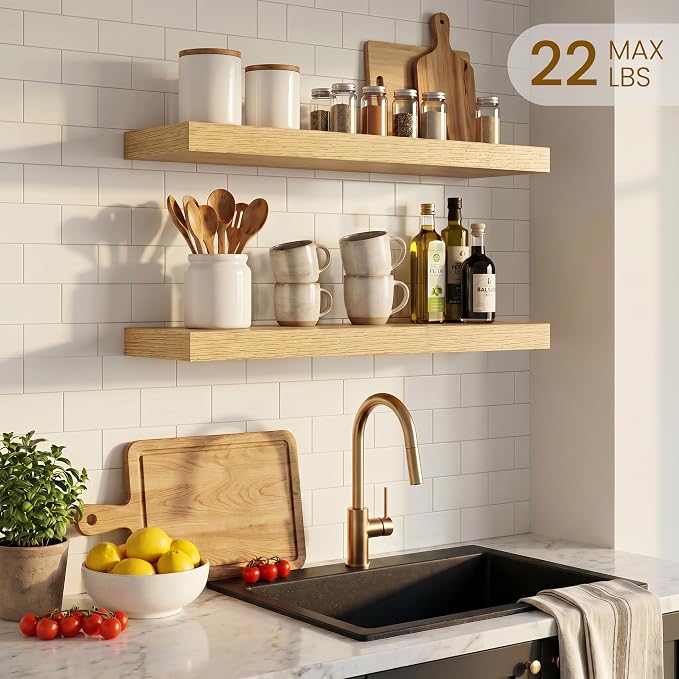 Dreamland Floating Shelves, Rustic Wooden Black Wall Shelves for Bathroom|Bedroom|Kitchen, Deep Wall Mounted Book Shelf, Wood Storage Display Shelf for Home Decor, 22.5" X 6.7" Set of 2